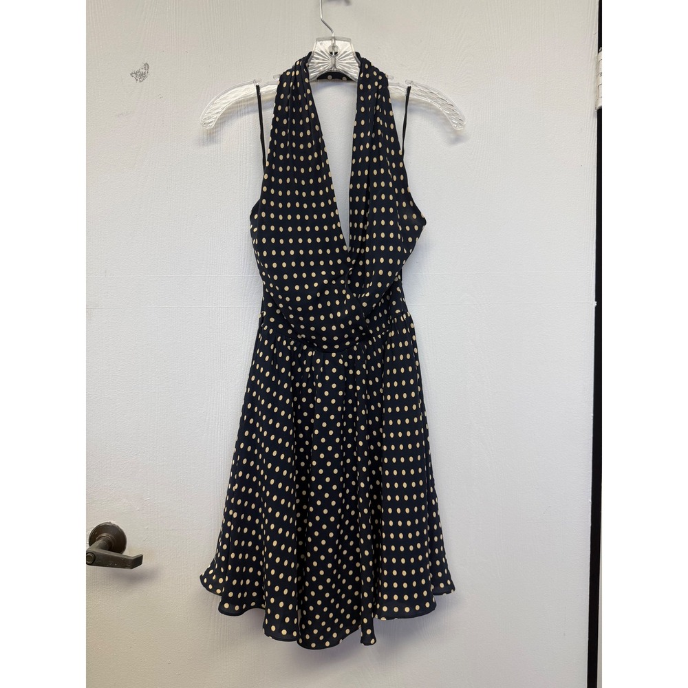 Georgiou Studio Silk Polka Dot Halter Dress Navy Blue Rockabilly Pin Up Size 6P
